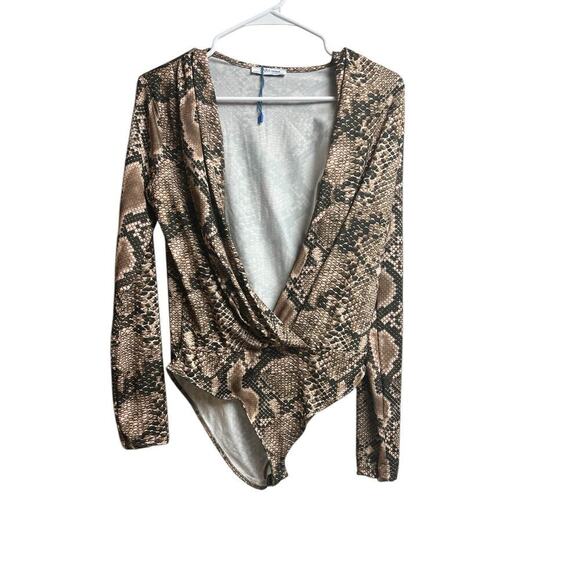 Zara Trafaluc Women's Size Medium Snakeskin Print Plunge Neckline Bodysuit - Picture 1 of 8